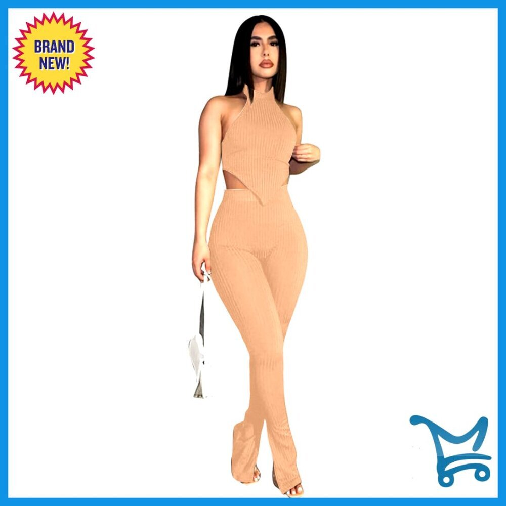 Ribbed Two Piece Set Sleeveless Crop Top High Waist Pants Yoga Clubwear